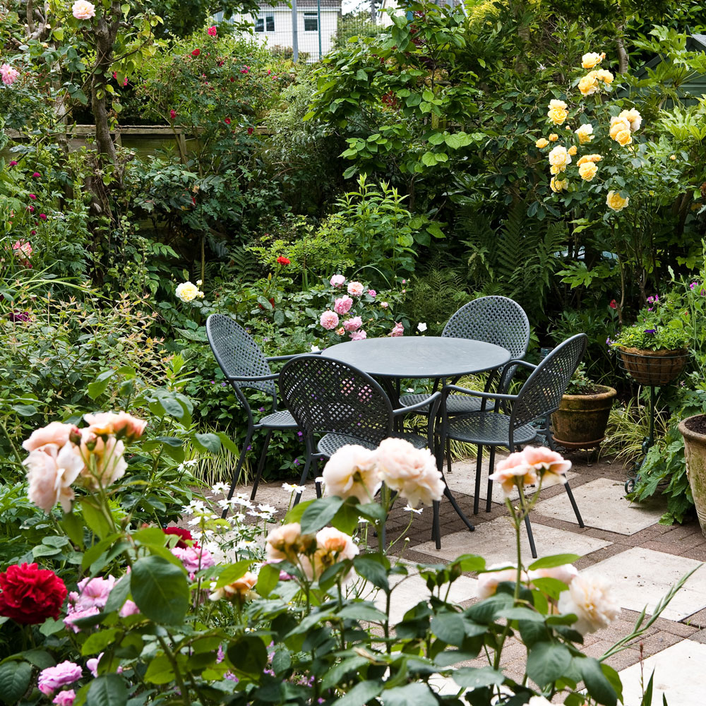 Black table chairs in middle of patio surrounded by roses and green foliage